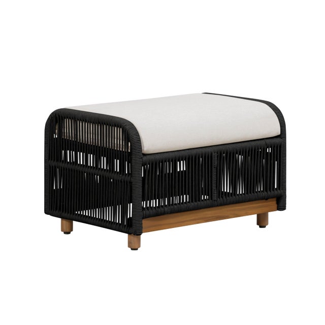 Alpine Teak Wood Outdoor Ottoman With Black - Rope Design For Sale In Chicago - Image 6 of 13