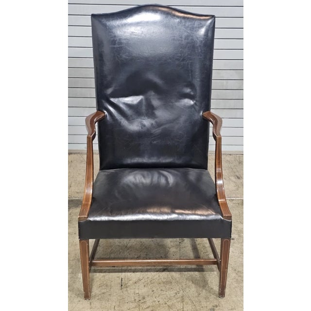 American Mid 20th Century Kittinger Williamsburg Mahogany Martha Washington Arm Chair Cw13 Black Leather For Sale - Image 3 of 8