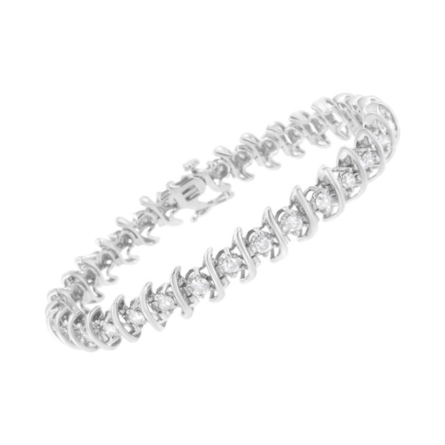 Contemporary .925 Sterling Silver 3 cttw Diamond "S" Link Bracelet - Size 7.5" For Sale - Image 3 of 6