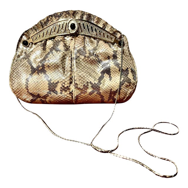 Judith Leiber Style Metallized Python Clutch With Silver Chain Strap For Sale