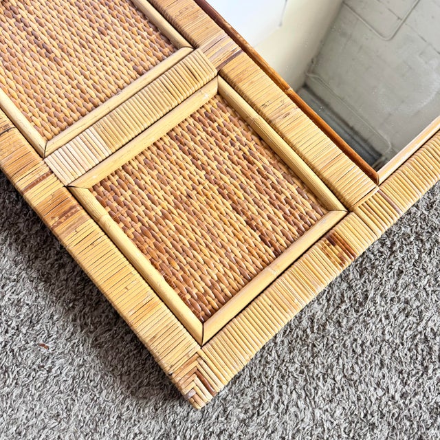 Wood Vintage Boho Coastal Wicker Paneled Wall Mirror For Sale - Image 7 of 9