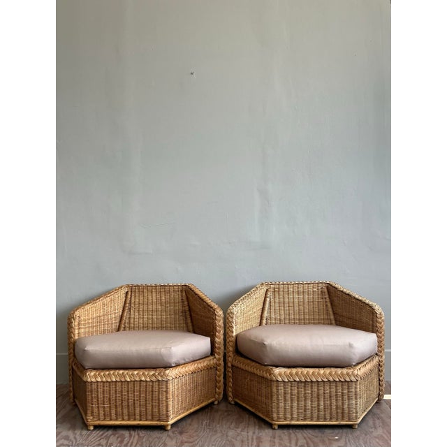 Vintage Coastal Brown Jordan Faceted Rattan Lounge Chairs - A Pair For Sale - Image 10 of 12