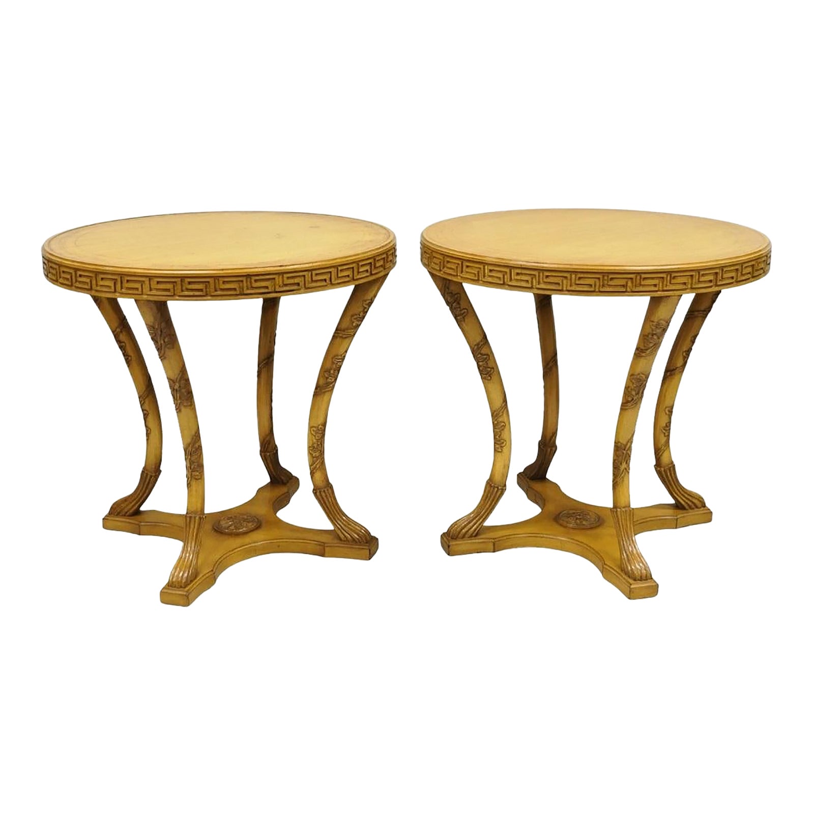 Vintage Italian Regency Round Leather Top Greek Key Carved Side Tables ...