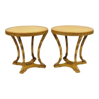 Vintage Italian Regency Round Leather Top Greek Key Carved Side Tables - A Pair For Sale
