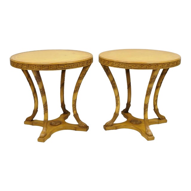 Vintage Italian Regency Round Leather Top Greek Key Carved Side Tables - A Pair For Sale