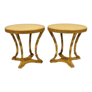 Vintage Italian Regency Round Leather Top Greek Key Carved Side Tables - A Pair