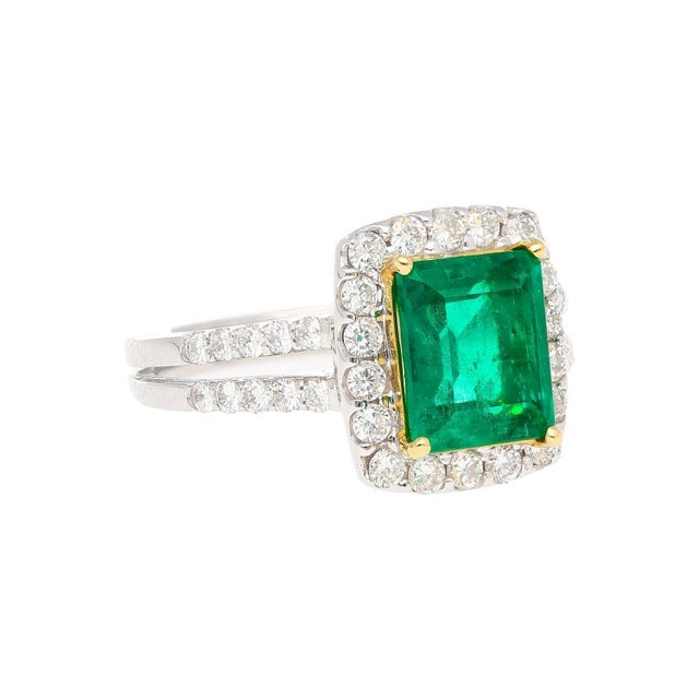 Metal 2.06 Carat Old Mine Muzo Colombian Emerald & Diamond Halo Split 18k Ring, Size 7.25 For Sale - Image 7 of 11