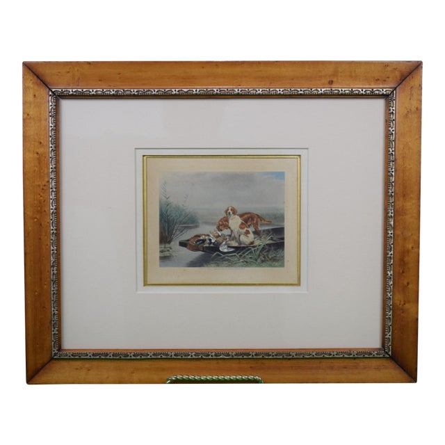 French C1895 Engraving Depicting Two Hunting Dogs W/ Ducks on a Boat For Sale