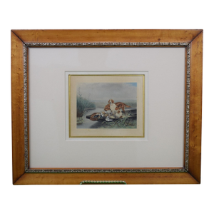 French C1895 Engraving Depicting Two Hunting Dogs W/ Ducks on a Boat