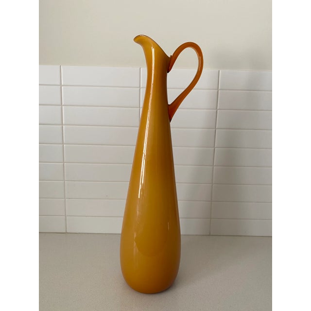 Large Empoli Mid-Century Italian Cased Glass Amber Pitcher For Sale - Image 10 of 11