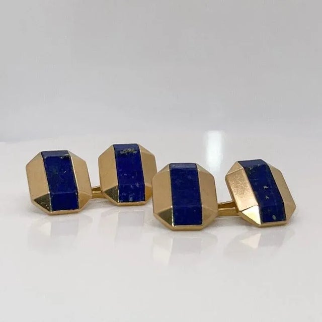 Art Deco Vintage Antique Boucheron Paris French Art Deco 18k Gold & Lapis Lazuli Cufflinks - 2 Pieces For Sale - Image 3 of 10