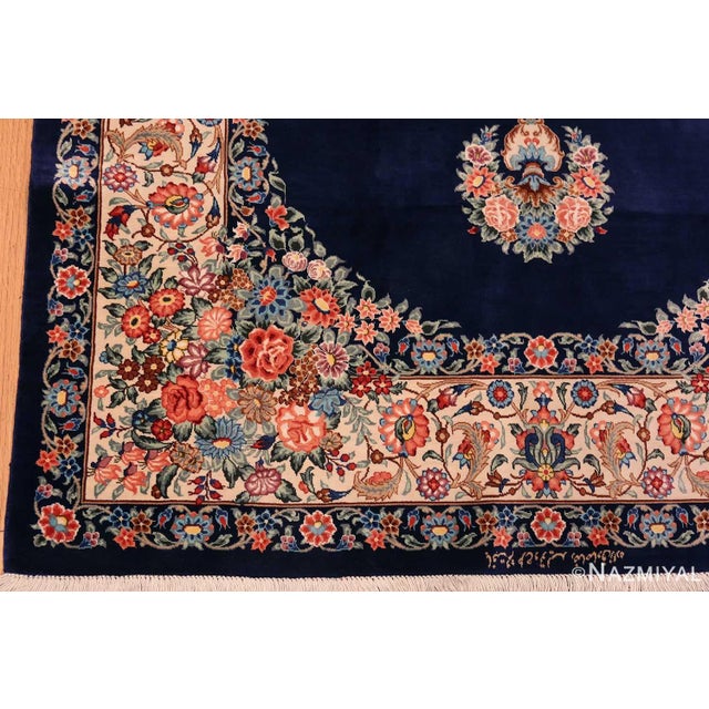 Textile Nazmiyal Collection Blue Background Floral Vintage Persian Silk Qum Rug For Sale - Image 7 of 7