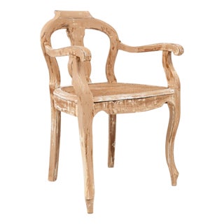 1900s French Louis XV Style Wood Patinated Open Armchair With Rattan Seat For Sale