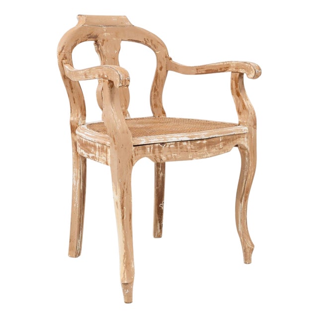 1900s French Louis XV Style Wood Patinated Open Armchair With Rattan Seat For Sale