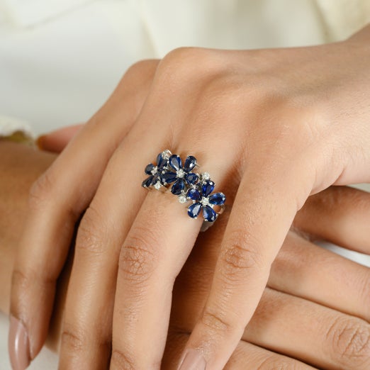 3.86 CTW Sapphire Diamond Floral Wedding Ring for Women in 18K Gold featuring natural sapphire of 3.86 carats and diamonds...