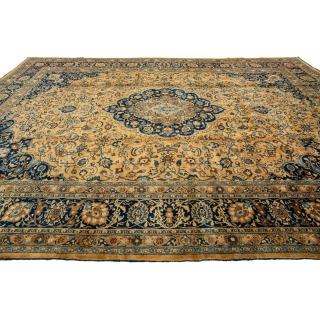 Light Brown Antique Persian Mashad Handmade Wool Rug With Rosette Motif For Sale - Image 4 of 9