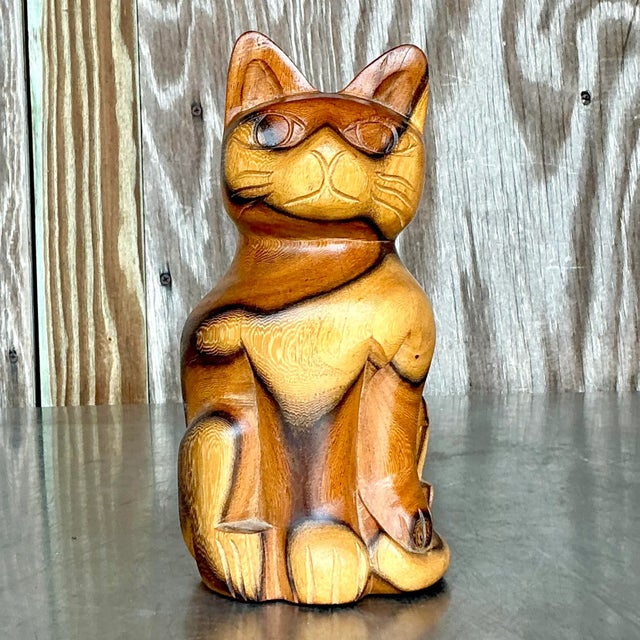 Rustic Vintage Boho Carved Wood Cat For Sale - Image 3 of 8