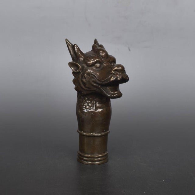Chinese Vintage Pure Silver Dragon Head Cane Handle - Zodiac Walking Stick Topper For Sale - Image 3 of 9