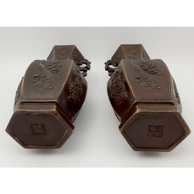 Late 19th Century Chinese Bronze Six Sided, Birds & Flowers Vases- a Pair For Sale - Image 10 of 13