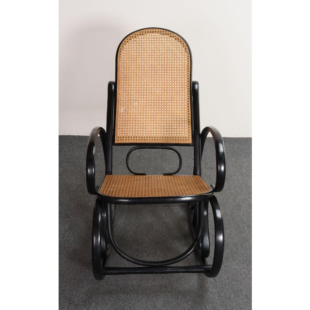 Art Nouveau Vintage Thonet Ebonized Bentwood and Rattan Rocking Chair For Sale - Image 3 of 18