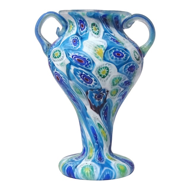 Fratelli Toso Murano Antique Italian Art Glass Millefiori Flowerr Mosaic Double Handles Design Vase For Sale