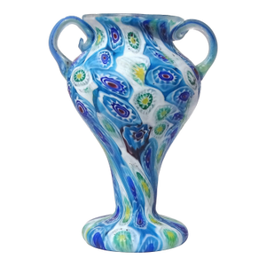 Fratelli Toso Murano Antique Italian Art Glass Millefiori Flowerr Mosaic Double Handles Design Vase