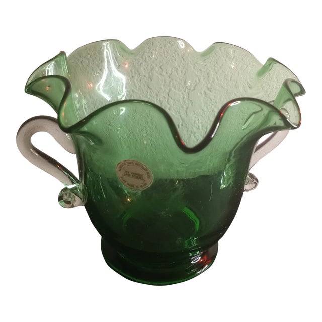 1980s Vidrios San Miguel Spain Recycled Art Glass Dual Handle Vase For Sale