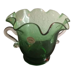 1980s Vidrios San Miguel Spain Recycled Art Glass Dual Handle Vase