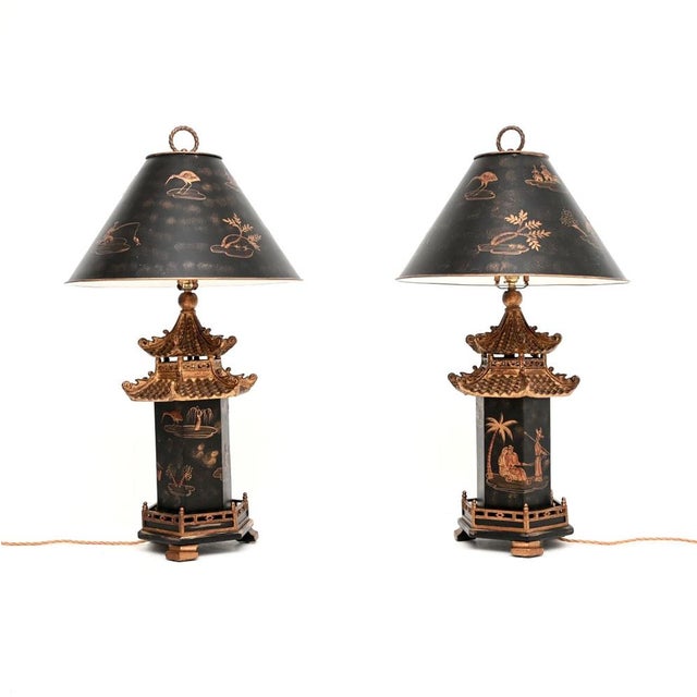 A large and very impressive pair of antique oriental style lacquered chinoiserie table lamps. They were made in England,...