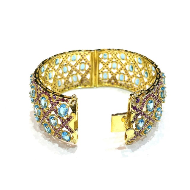 Bochic “Capri” Vintage Blue Topaz, Sapphire & Amethyst Cuff 18K Gold & Silver For Sale - Image 12 of 13
