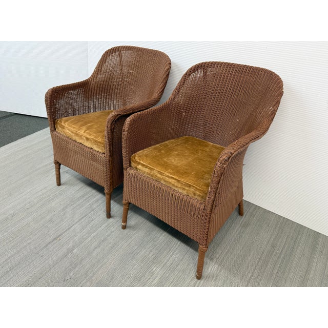 Mid-Century Modern Rattan Bucket Lounge Chairs With Goldenrod Velvet Seat Pads, Pair For Sale - Image 3 of 12