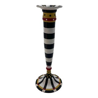 Mackenzie Childs Style Black And White Whimsical Hand-Painted Candle Stick, Courtly Stripes and Polka Dots For Sale