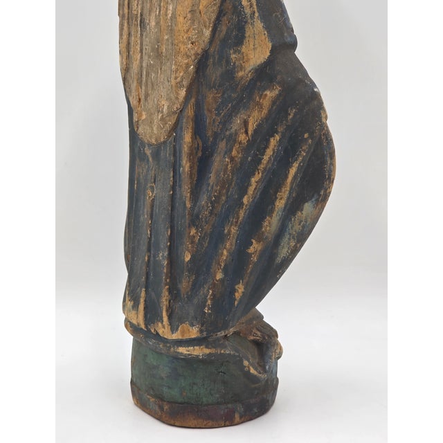 Blue Rare Antique 18th Century Spanish Colonial Hand-Carved Virgin Mary Statue Polychrome Wood For Sale - Image 8 of 15