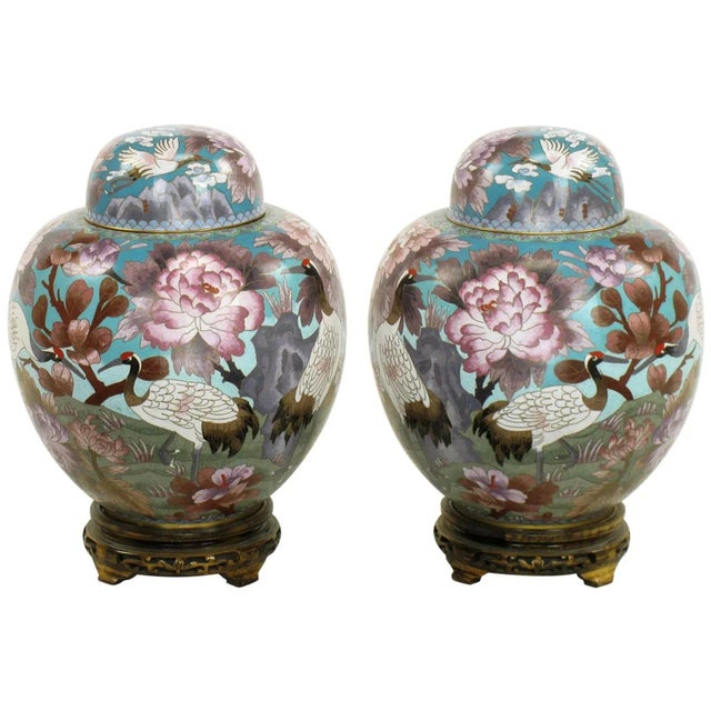 Aqua Chinese Cloisonné Urns With Red-Crowned Cranes and Peonies - a Pair For Sale - Image 8 of 8