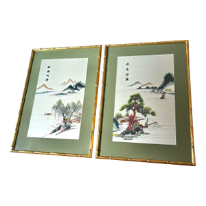 Mid-20th Century Japanese Landscape Silk Embroidery Art, a Pair