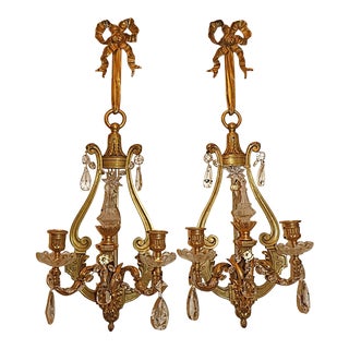 1920s Pair of Bronze & Crystal French Louis XVI Style Sconces For Sale