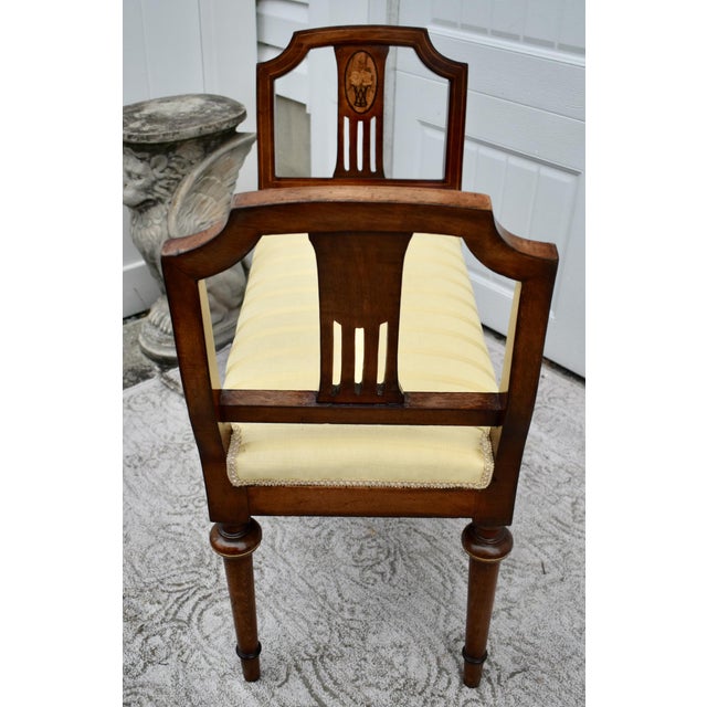 Gold Antique Regency Walnut Vanity Bench Double Arm Inlaid Wood Gold Stripe 1910s For Sale - Image 8 of 13