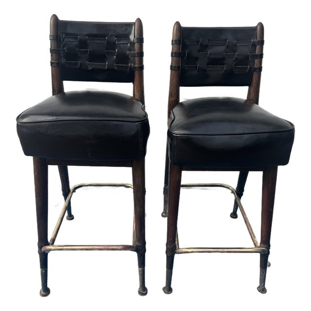 Mid Century Modern Chairmasters Leather Webbed Bar or Counter Stool Set of 2 For Sale