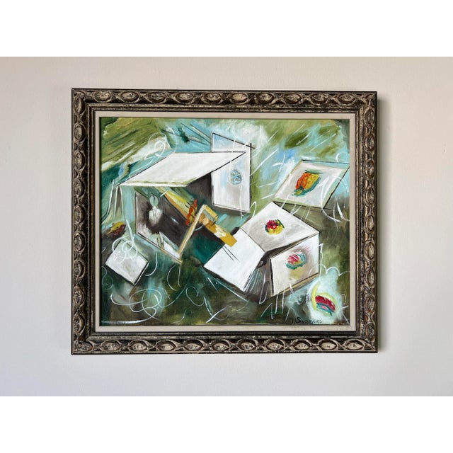 1980's M. Summers " Paper in Space " Oil on Canvas Painting, Framed For Sale - Image 12 of 12