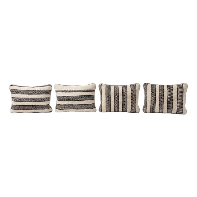 Gray Striped Kilim Lumbar Pillow Cover - Set of Four For Sale