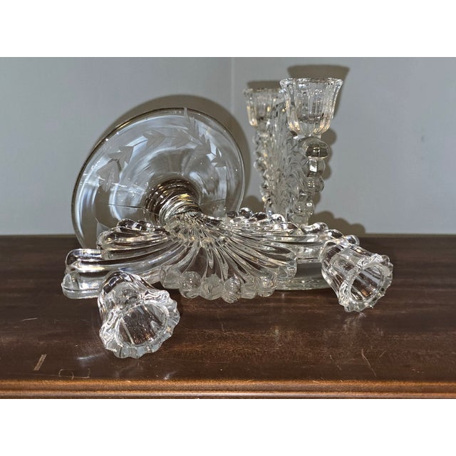 Vintage Pressed‑Glass Candlesticks With Etched Leaf Bases — Pair For Sale - Image 9 of 12