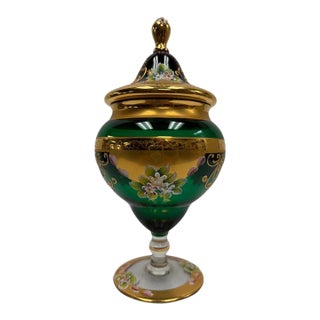 Vintage Murano Emerald Green "Tre Fuochi" 24k Gold Venetian Glass Lidded Urn For Sale