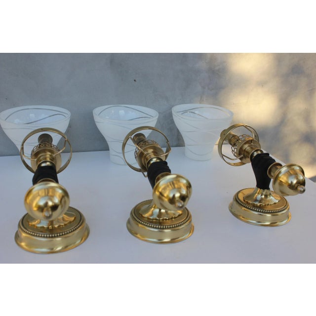 Gold Brass Wall Light attributed to John Devoluy, 1950s, Set of 3 For Sale - Image 8 of 10