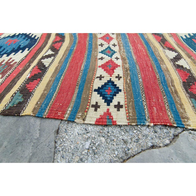 1880s Antique Large Kilim Rug Geometric Red Cream Blue Navy Wool Flatwoven Rug - 5'2" X 8'9" For Sale - Image 9 of 10