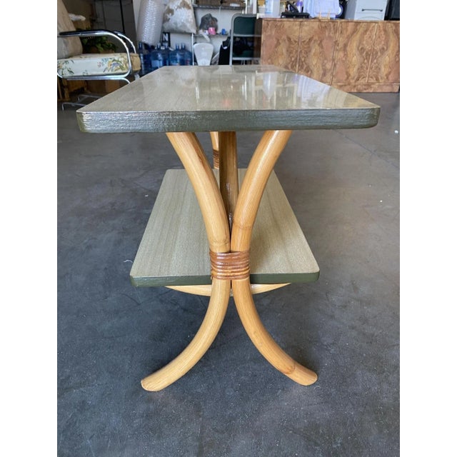 1950s Restored "Hour Glass" Two-Tier Rattan Side Table For Sale - Image 5 of 9