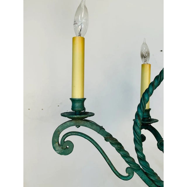 1920s Wrought Iron Industrial Green Painted Chandelier, Circa 1930s For Sale - Image 5 of 11