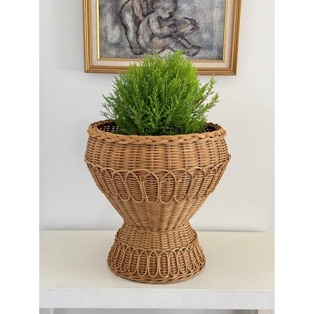 Shabby Chic Rattan Pedestal Planter Baskets Large - A Pair For Sale - Image 3 of 7