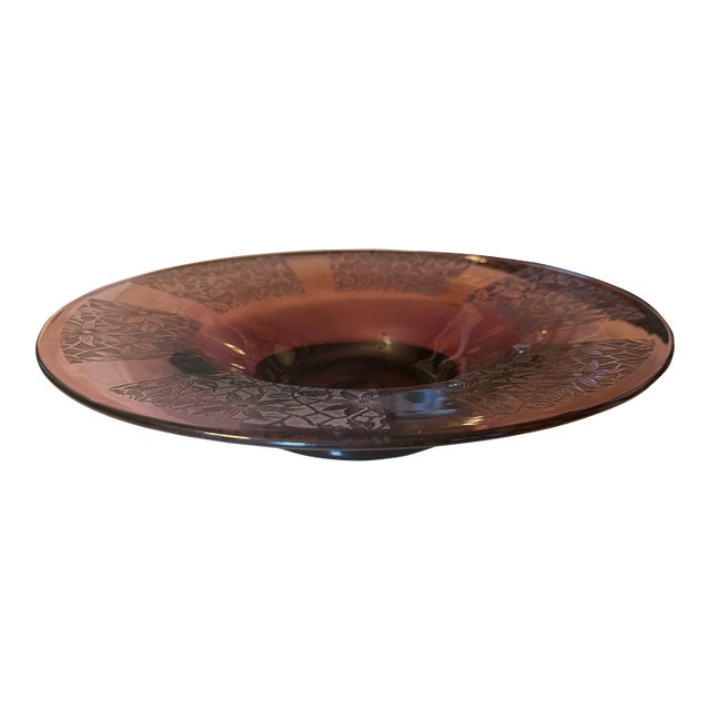 1930s Amethyst Glass Centerpiece Bowl, Large 14.5" Vintage Purple Console Bowl, Acid Etched Floral Art Deco Lattice For Sale
