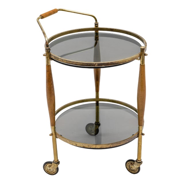 Mid-Century Modern Regency Style Serving Trolley in Smoked Glass and Wood, 1960s For Sale