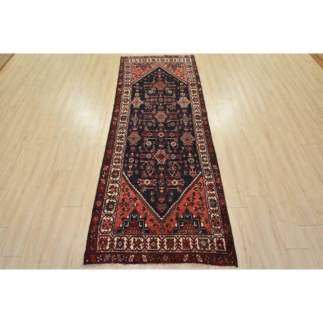 Cabin Hamedan Runner 3’6” X 8’10” Blue Wool Semi-Antique Tribal Hand-Knotted Rug For Sale - Image 3 of 14